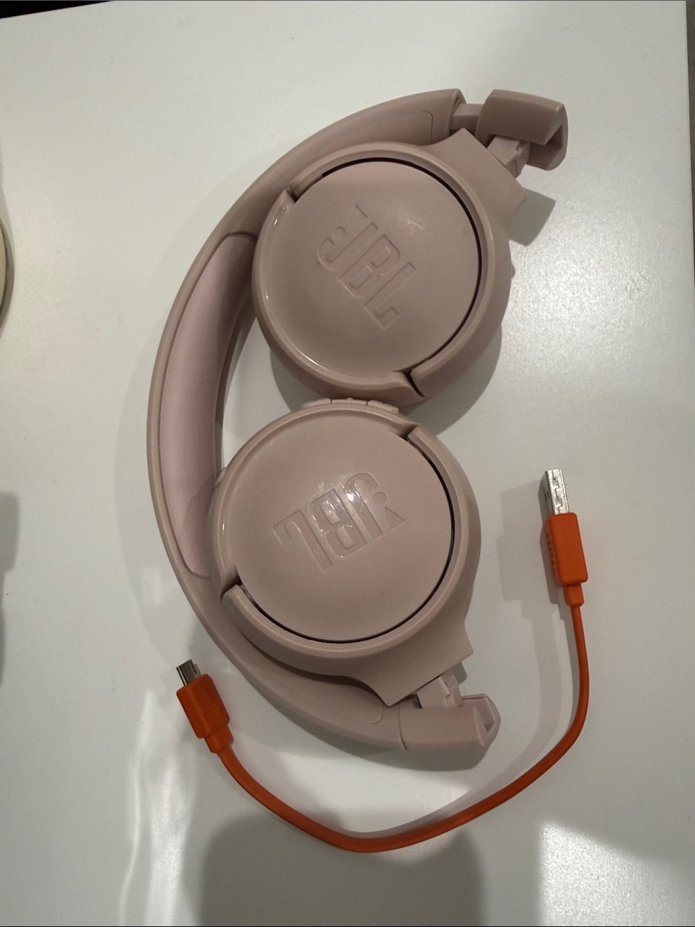 JBL Foldable Over-Ear Headphones in Blush Pink with Orange Cable